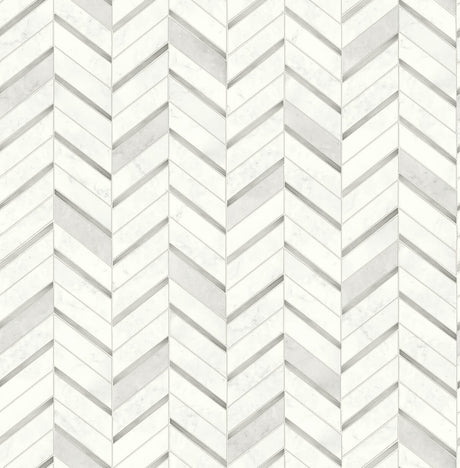 Chevron marble tile peel and stick wallpaper in metallic silver and pearl gray chevron pattern