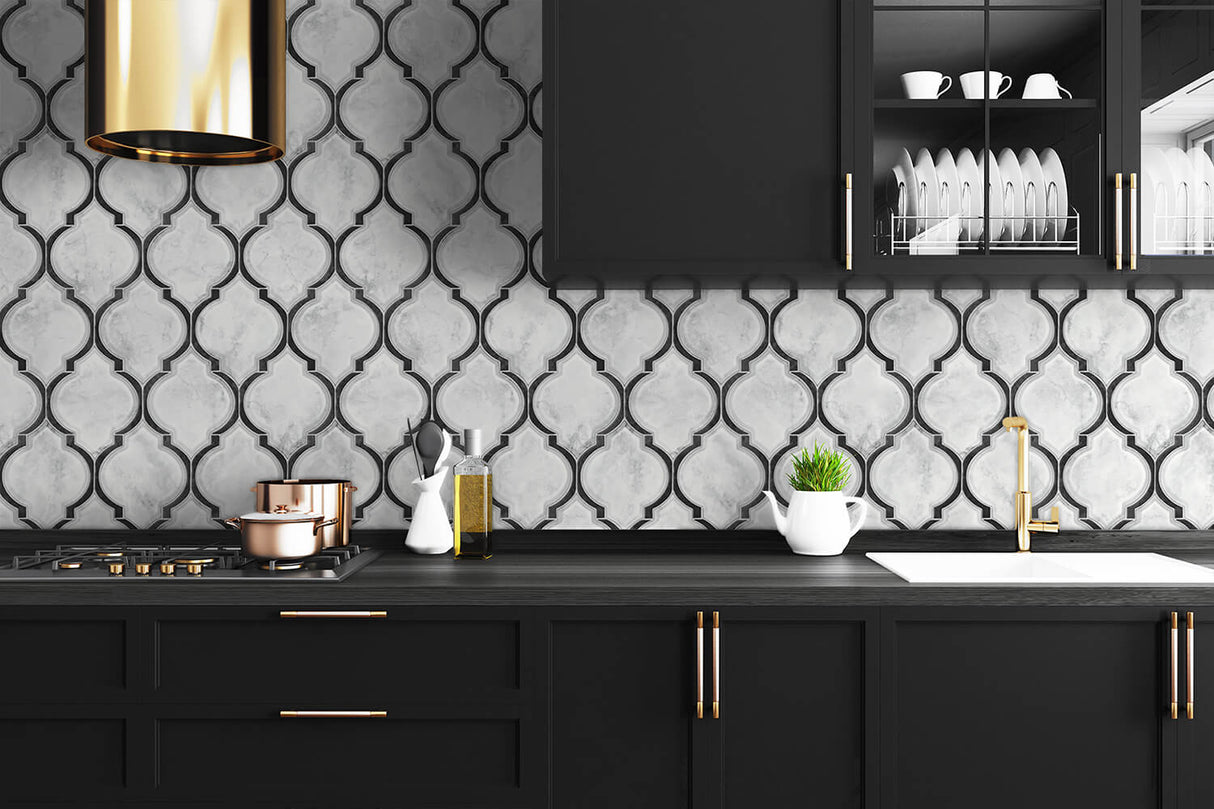 Marbled Ogee Onyx & Carrara by NextWall Peel & Stick Tile Wallpaper – NextWall NW39300
