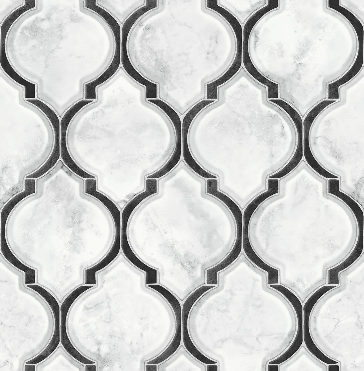 Marbled Ogee peel and stick wallpaper in Onyx & Carrara with marble tile look and black ogee outlines