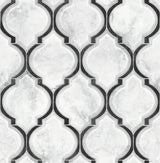 Marbled Ogee peel and stick wallpaper in Onyx & Carrara with marble tile look and black ogee outlines