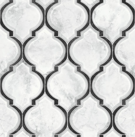 Marbled Ogee peel and stick wallpaper in Onyx & Carrara with marble tile look and black ogee outlines