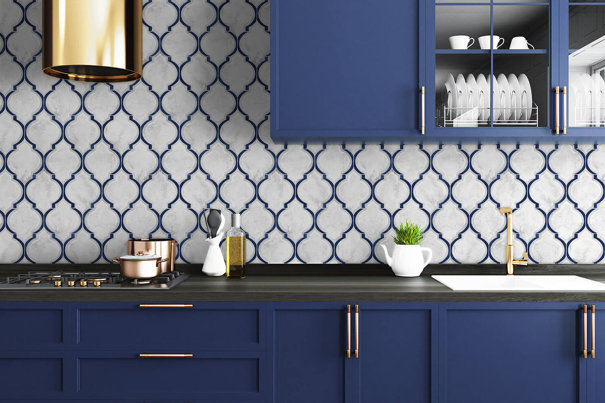 Marbled Ogee Royal Blue & Carrara by NextWall Peel & Stick Peel & Stick Ogee Tile Wallpaper – NextWall NW39302
