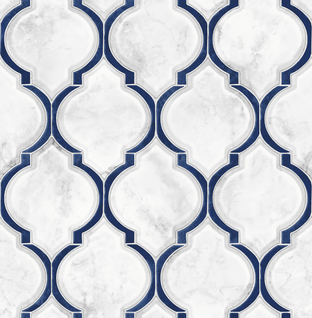 Marbled Ogee peel and stick wallpaper in royal blue and carrara marble tile pattern