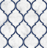 Marbled Ogee peel and stick wallpaper in royal blue and carrara marble tile pattern