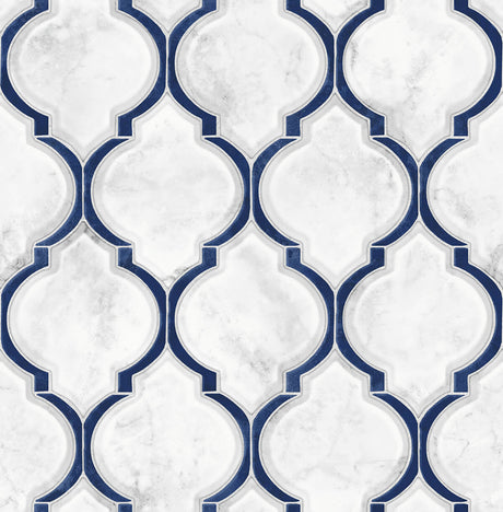 Marbled Ogee peel and stick wallpaper in royal blue and carrara marble tile pattern