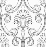 Sketched Damask wallpaper in ebony with hand-drawn damask scroll motif