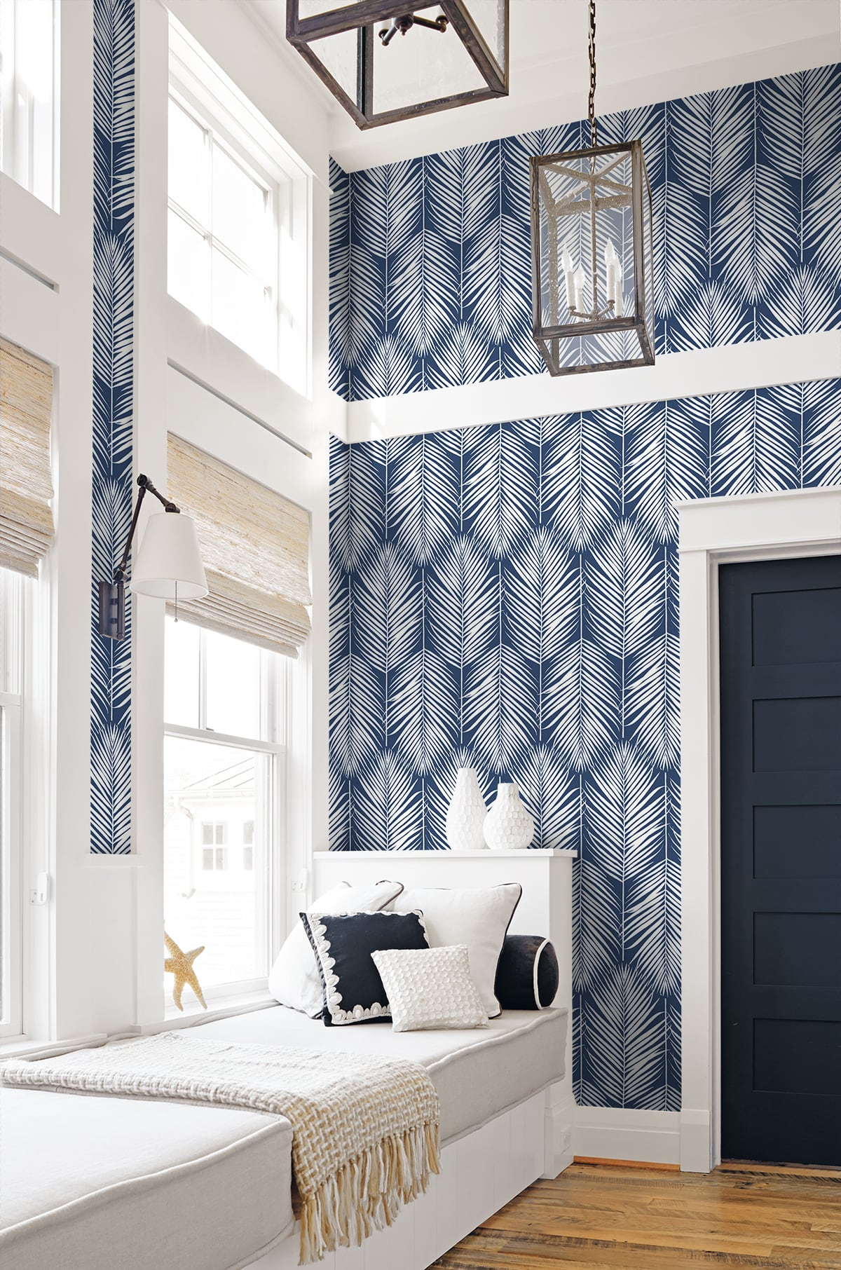Palm Silhouette Coastal Blue by NextWall Peel & Stick Palm Leaf Peel & Stick Wallpaper – NextWall NW39802