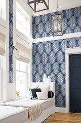 Palm Silhouette Coastal Blue by NextWall Peel & Stick Palm Leaf Peel & Stick Wallpaper – NextWall NW39802