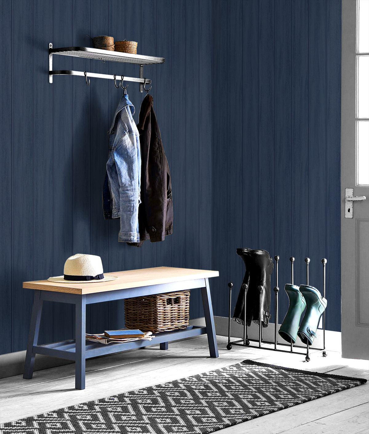 Wood Panel Naval Blue by NextWall Peel & Stick Rustic Wood Panel Peel & Stick Wallpaper  NextWall NW39902