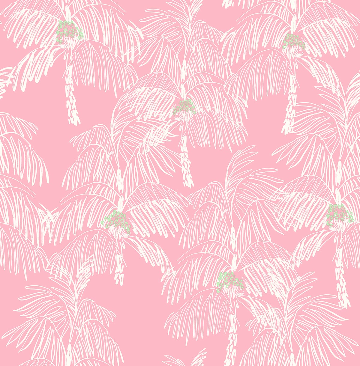 Pink peel and stick wallpaper with white sketched palm trees and small green accents
