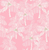 Pink peel and stick wallpaper with white sketched palm trees and small green accents
