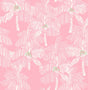 Pink peel and stick wallpaper with white sketched palm trees and small green accents