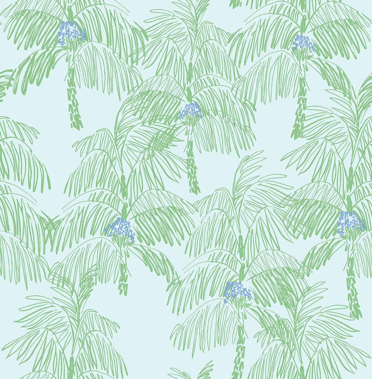 Palm Beach peel and stick wallpaper with sketch palm fronds in green on a baby blue background with small blue accents