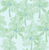 Palm Beach peel and stick wallpaper with sketch palm fronds in green on a baby blue background with small blue accents