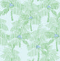 Palm Beach peel and stick wallpaper with sketch palm fronds in green on a baby blue background with small blue accents