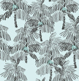 Palm Beach peel and stick wallpaper in sky blue with black hand-drawn palm trees by NextWall (NW40012).