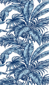 Palm Jungle peel and stick wallpaper in marine blue with illustrated tropical palm leaves on a white ground.