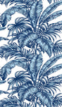 Palm Jungle peel and stick wallpaper in marine blue with illustrated tropical palm leaves on a white ground.