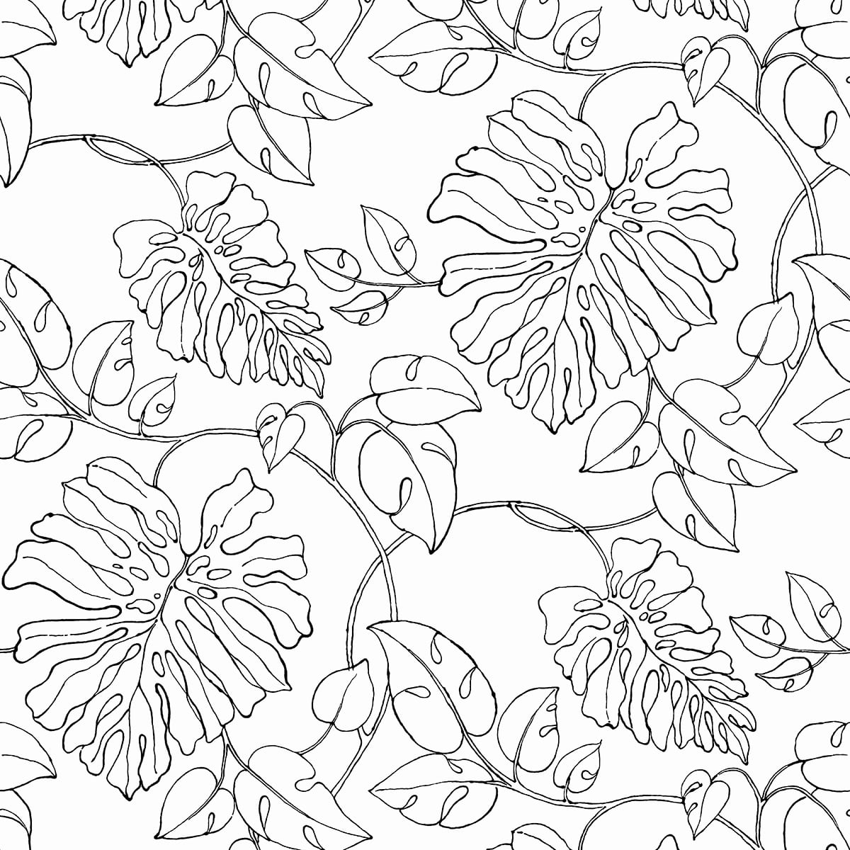 Black and white tropical linework botanical peel and stick wallpaper pattern