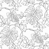 Black and white tropical linework botanical peel and stick wallpaper pattern