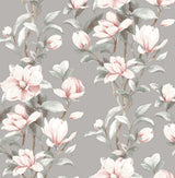 Magnolia Trail peel and stick wallpaper with metallic silver background and soft petal pink magnolia blossoms
