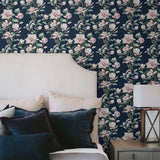 Magnolia Trail Navy & Blush by NextWall Peel & Stick Magnolia Floral Wallpaper – NextWall NW41402