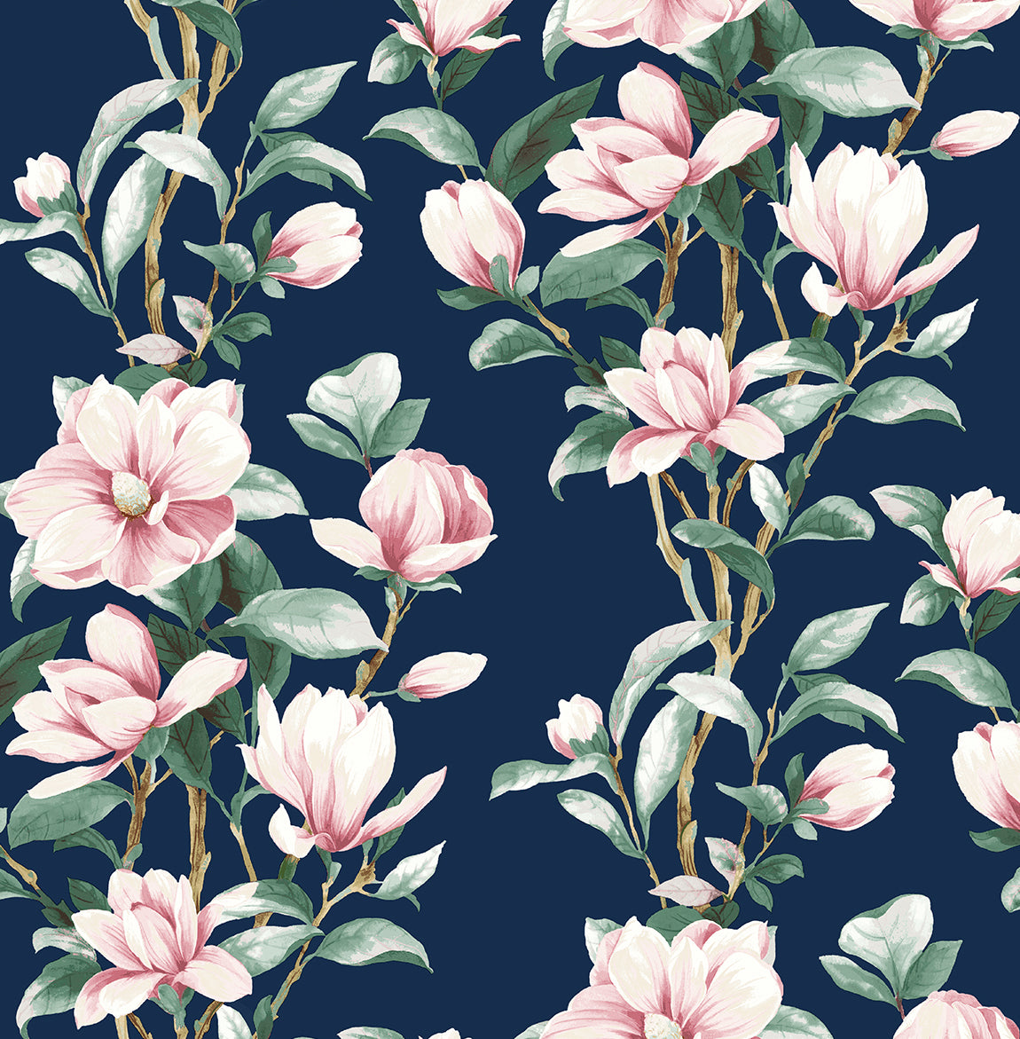 Magnolia Trail peel and stick wallpaper in navy with blush and white magnolia blossoms and green leaves