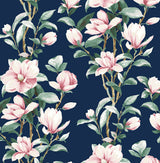 Magnolia Trail peel and stick wallpaper in navy with blush and white magnolia blossoms and green leaves