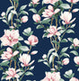 Magnolia Trail peel and stick wallpaper in navy with blush and white magnolia blossoms and green leaves