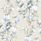 Magnolia Trail peel and stick wallpaper pattern with blue and white magnolia blooms on a linen background