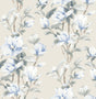 Magnolia Trail peel and stick wallpaper pattern with blue and white magnolia blooms on a linen background