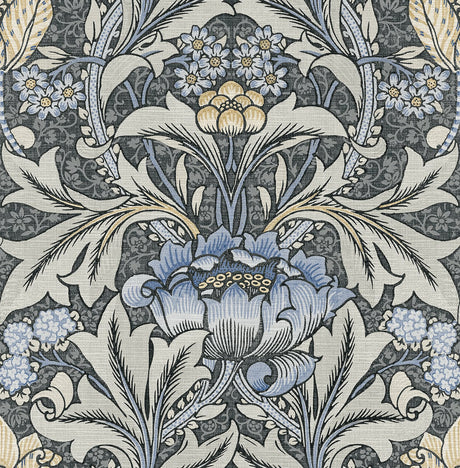 Acanthus Floral peel and stick wallpaper in charcoal with Carolina blue and ivory vintage floral motif