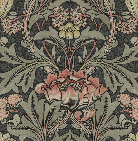 Acanthus Floral peel and stick wallpaper in charcoal and rosewood