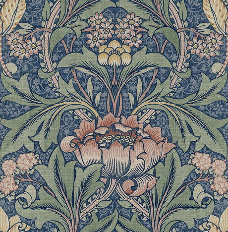 Acanthus Floral peel and stick wallpaper in denim blue and salmon with vintage acanthus leaves and floral motif