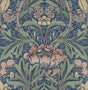 Acanthus Floral peel and stick wallpaper in denim blue and salmon with vintage acanthus leaves and floral motif