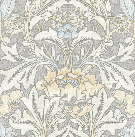 Acanthus floral damask wallpaper pattern in grey with pearl blue and soft cream accents