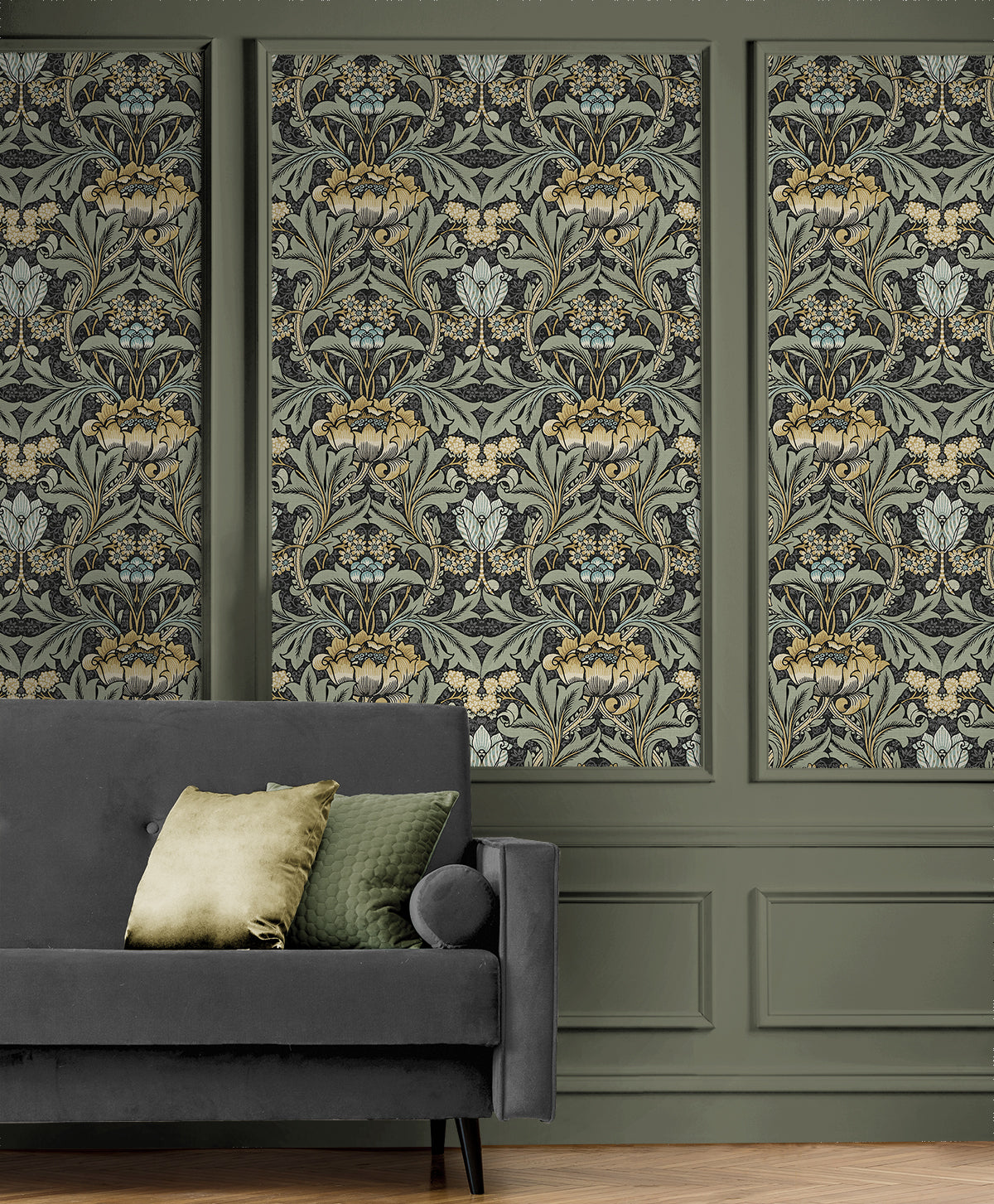 Acanthus Floral Charcoal & Goldenrod by NextWall Peel & Stick Floral Peel & Stick Wallpaper – NextWall NW41510 -Sample