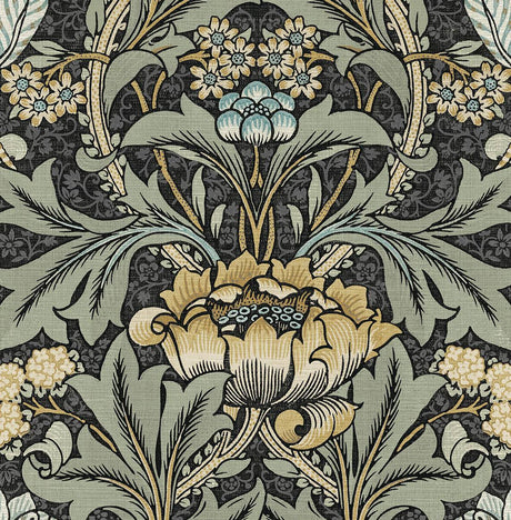 Acanthus Floral peel and stick wallpaper in charcoal and goldenrod with vintage acanthus blooms