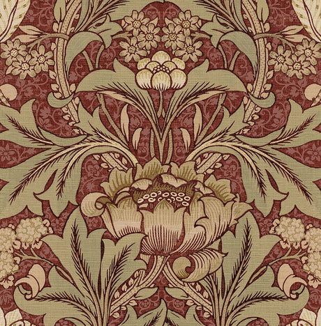 Acanthus floral peel and stick wallpaper in red clay with lichen green scrolling leaves and vintage botanical motifs.