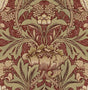 Acanthus floral peel and stick wallpaper in red clay with lichen green scrolling leaves and vintage botanical motifs.