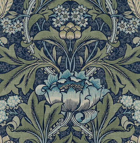Vintage acanthus floral peel and stick wallpaper in denim blue and sage green.