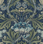 Vintage acanthus floral peel and stick wallpaper in denim blue and sage green.