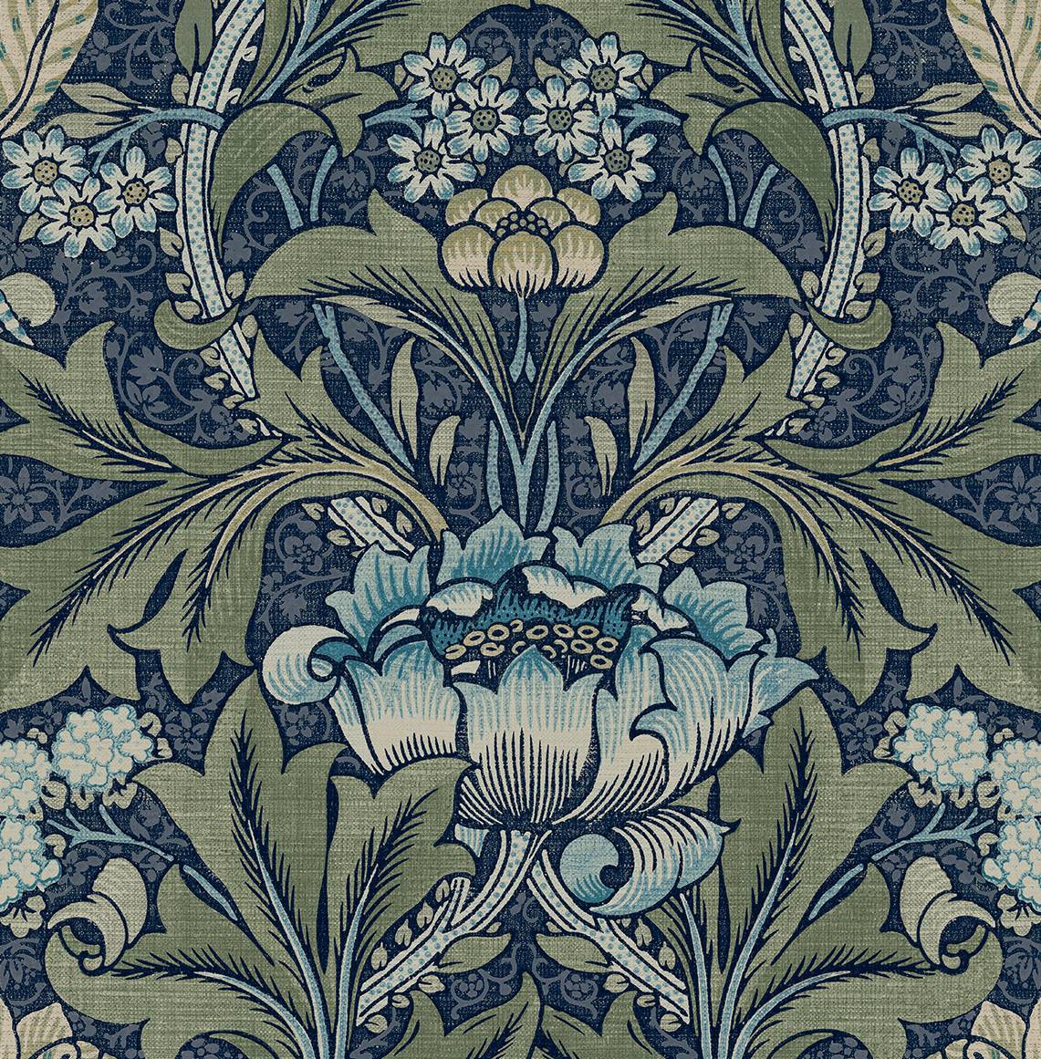 Acanthus Floral Denim & Sage by NextWall Peel & Stick Vintage Floral Wallpaper – NextWall NW41512 -Sample