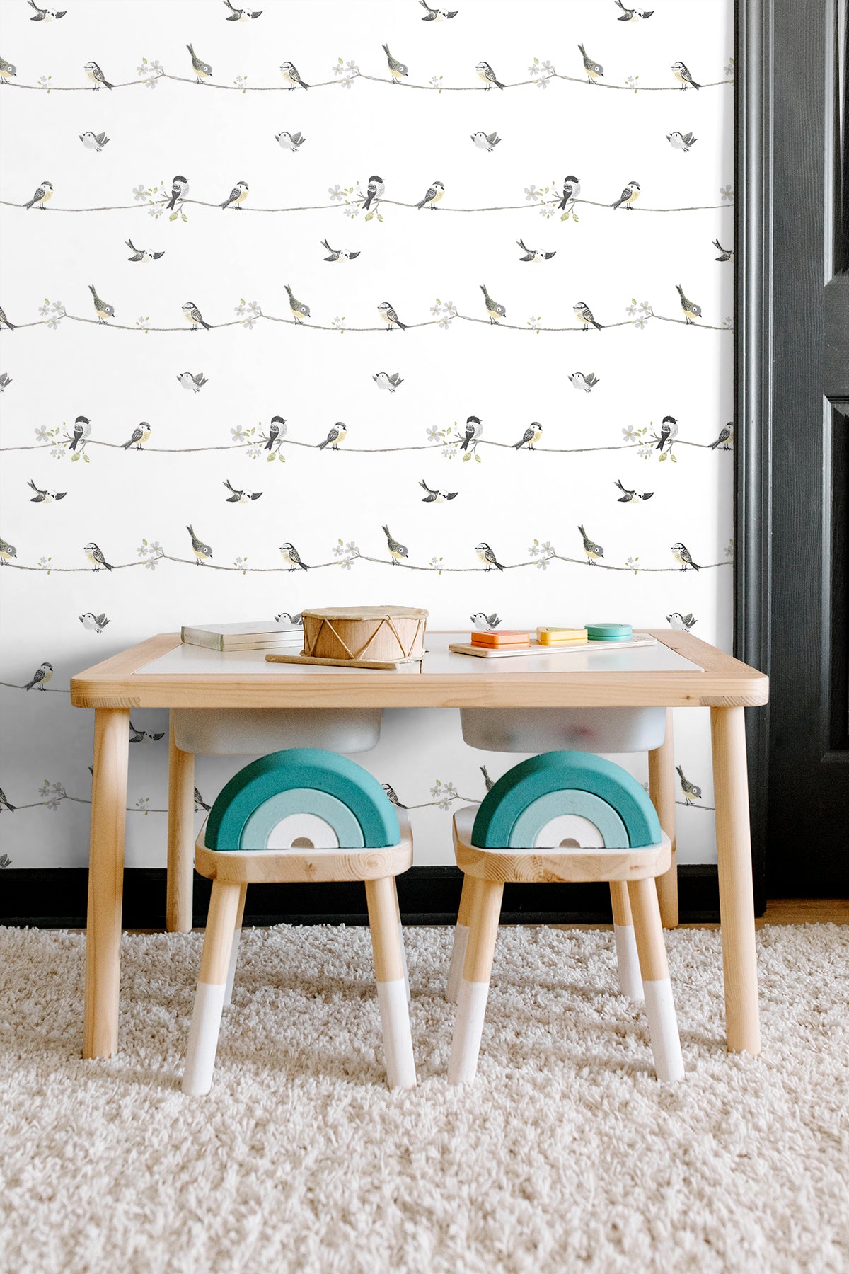 Sweet Tweet Charcoal & Buttercup by NextWall Peel & Stick Bird Wallpaper – NextWall NW41600