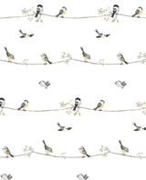 Sweet Tweet peel and stick wallpaper with small birds perched on branches in charcoal, grey, and buttercup on a white background