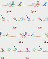 Sweet Tweet peel and stick wallpaper with colorful birds on branches on a white background