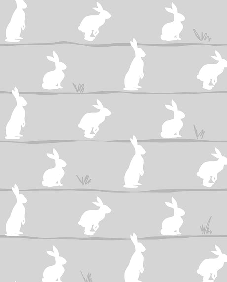 Daydream grey peel and stick wallpaper with white bunny silhouettes in a repeating pattern.