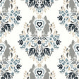 Spring Damask peel and stick wallpaper in bluestone and grey with traditional damask floral motifs and rabbits