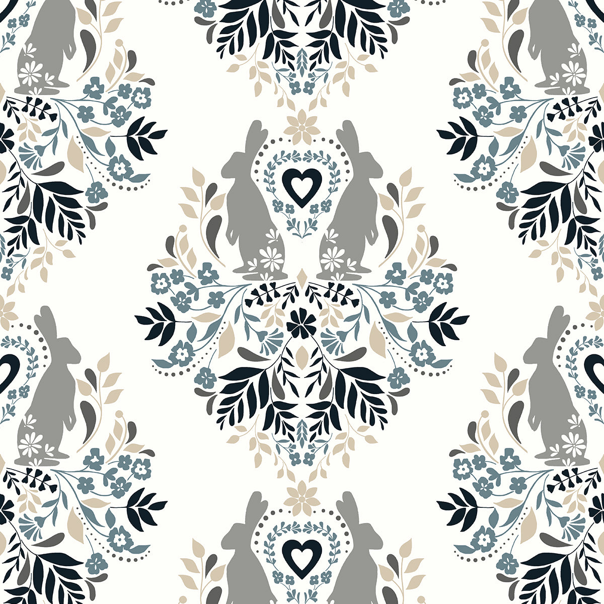 Spring Damask peel and stick wallpaper in bluestone and grey with traditional damask floral motifs and rabbits