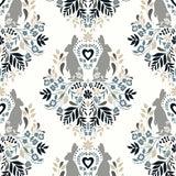 Spring Damask peel and stick wallpaper in bluestone and grey with traditional damask floral motifs and rabbits